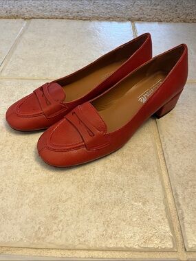 L'INTERVALLE Red Leather Low Block Heel Loafers